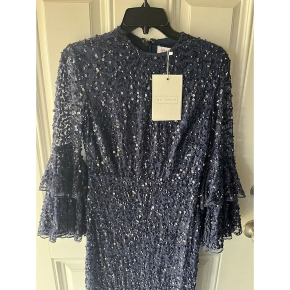 Mac Duggal 10802 Bell Sleeve Sequin Dress Navy Size 4 New With Tags Women’s Gown - Picture 4 of 12